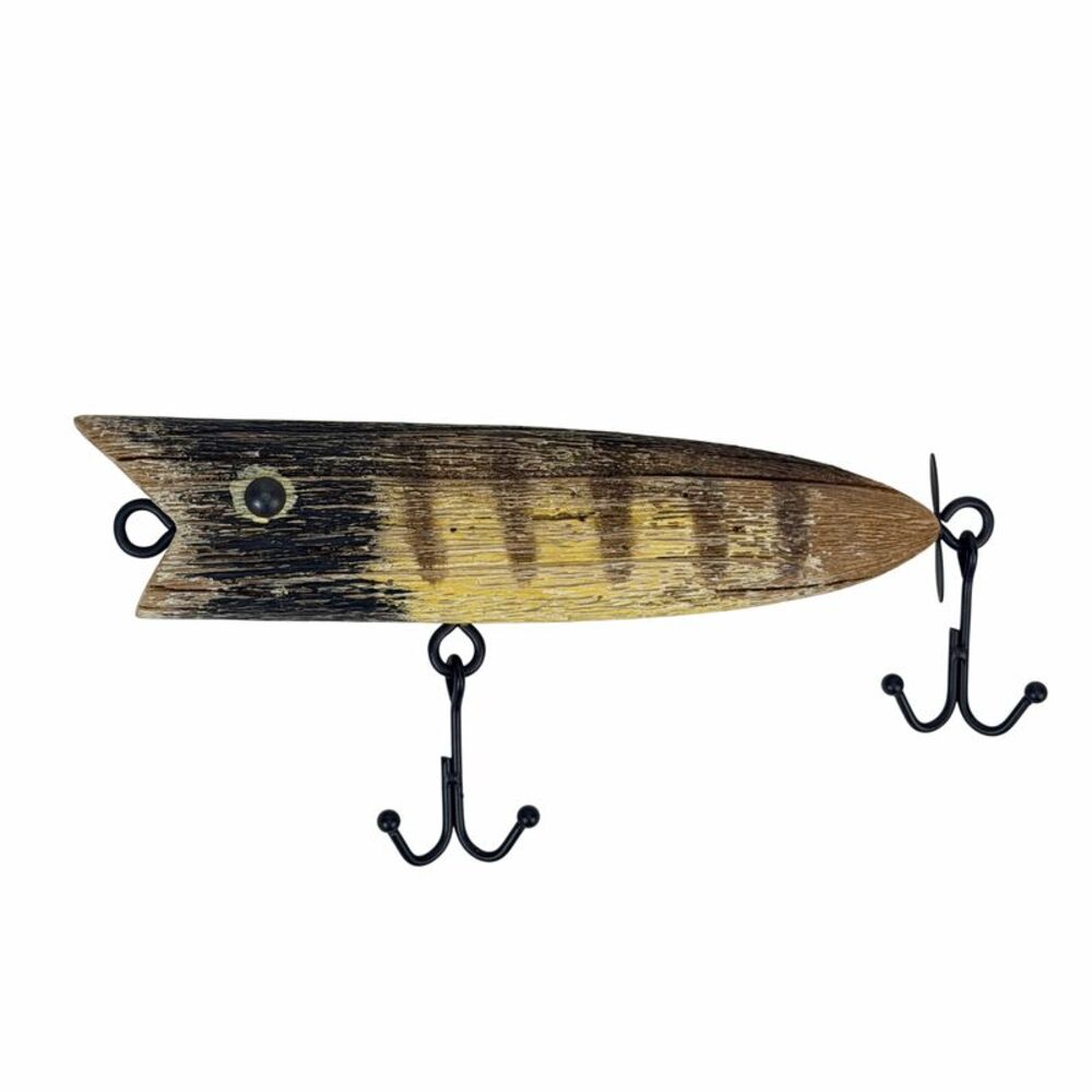 Fishing Lure Decorative Wall Sculpture Distressed Wood Metal 12.5 Inch